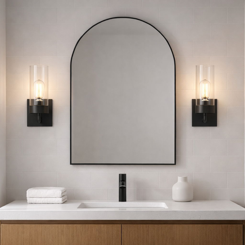 Zephyr sconce pair, black metal with clear glass shades flanking an arched mirror on wall on Tampa Home & Garden Store