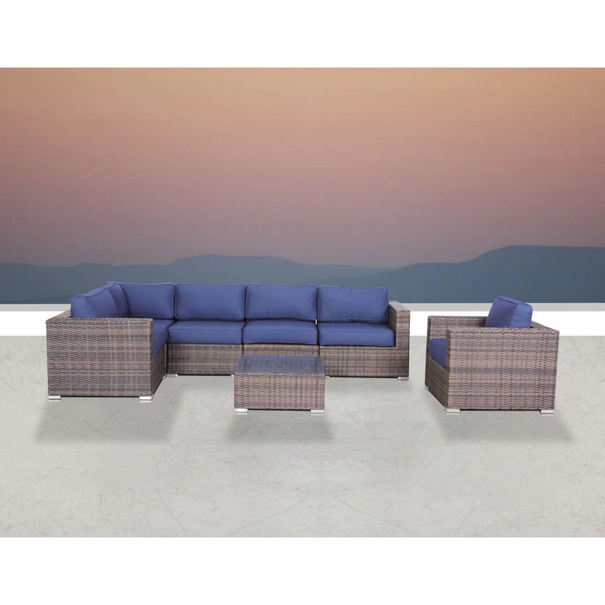 Wicker outdoor 3-piece seating set by HouseOfZazla with blue cushions and table on Tampa Home & Garden Store