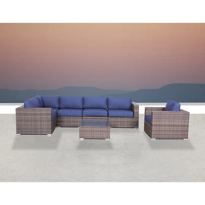 Wicker outdoor 3-piece seating set by HouseOfZazla with blue cushions and table on Tampa Home & Garden Store