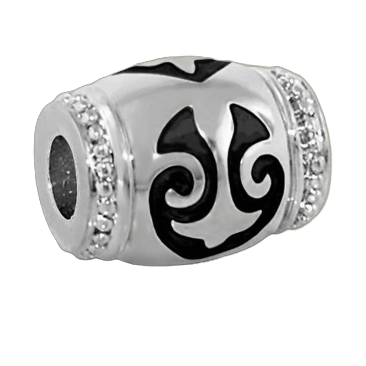 Gabriella Beads Scroll Design charm bead, silver with black scroll motif and crystal rim on Tampa Home & Garden Store