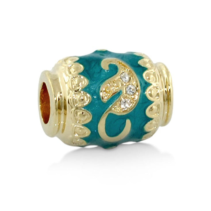 Gabriella Beads Crystal Leaf charm bead in teal enamel with gold scroll accents on Tampa Home & Garden Store