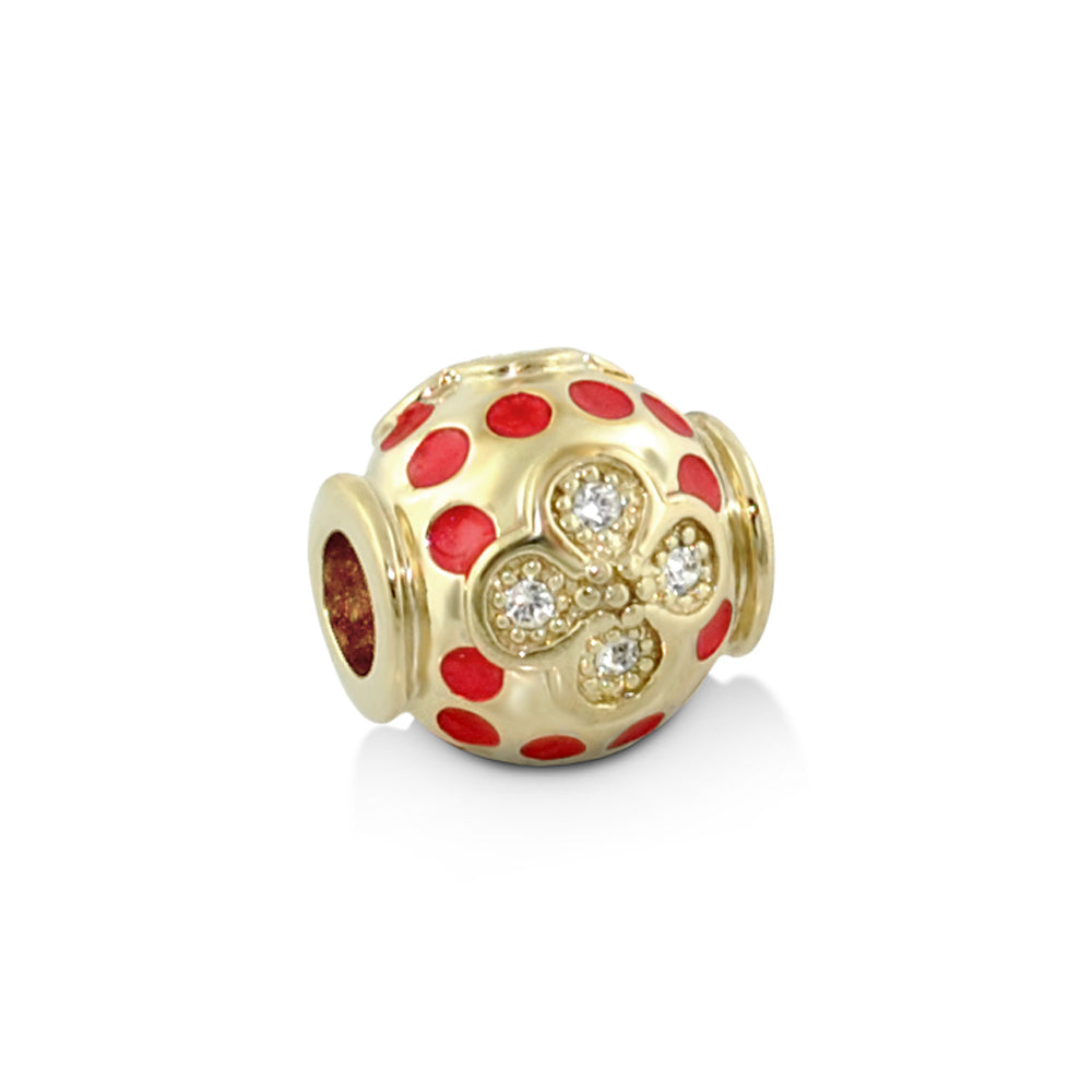 Gold-tone Gabriella Beads Crystal Dots charm with red enamel polka dots and crystal flower on Tampa Home & Garden Store