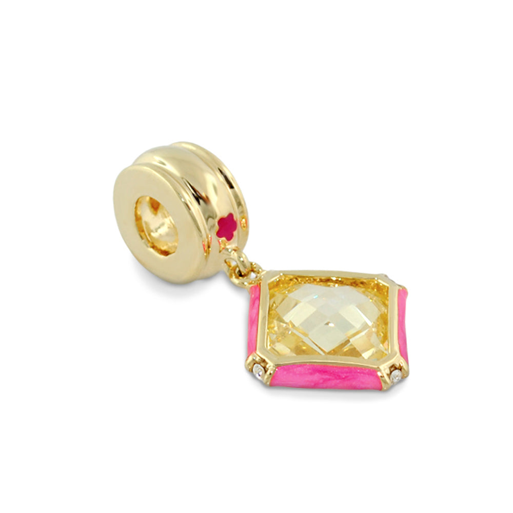 Gabriella Beads Square Cz charm, gold-tone with pink enamel frame and pale yellow CZ on Tampa Home & Garden Store