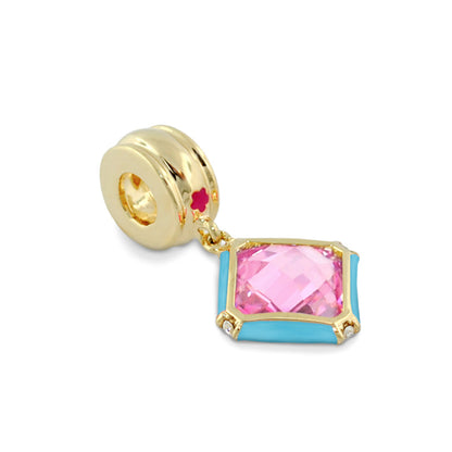 Gabriella Beads Square Cz charm pendant gold-tone with turquoise enamel edges and pink CZ on Tampa Home & Garden Store