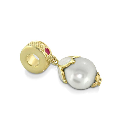 Gabriella Bead Charm by Lauren G Adams; gold-tone bead with white pearl drop and pink clover accent on Tampa Home & Garden Store