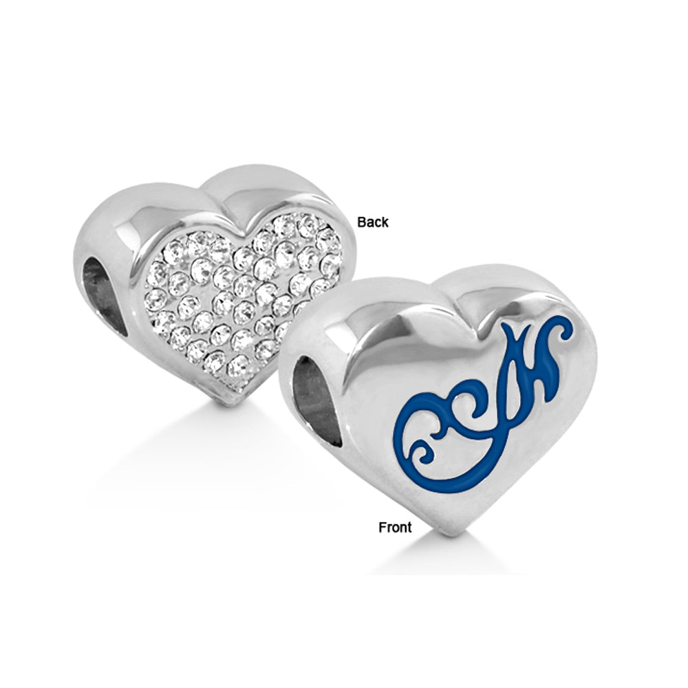 Gabriella Beads Pave Heart charm set; two silver hearts with blue monogram and pave back on Tampa Home & Garden Store