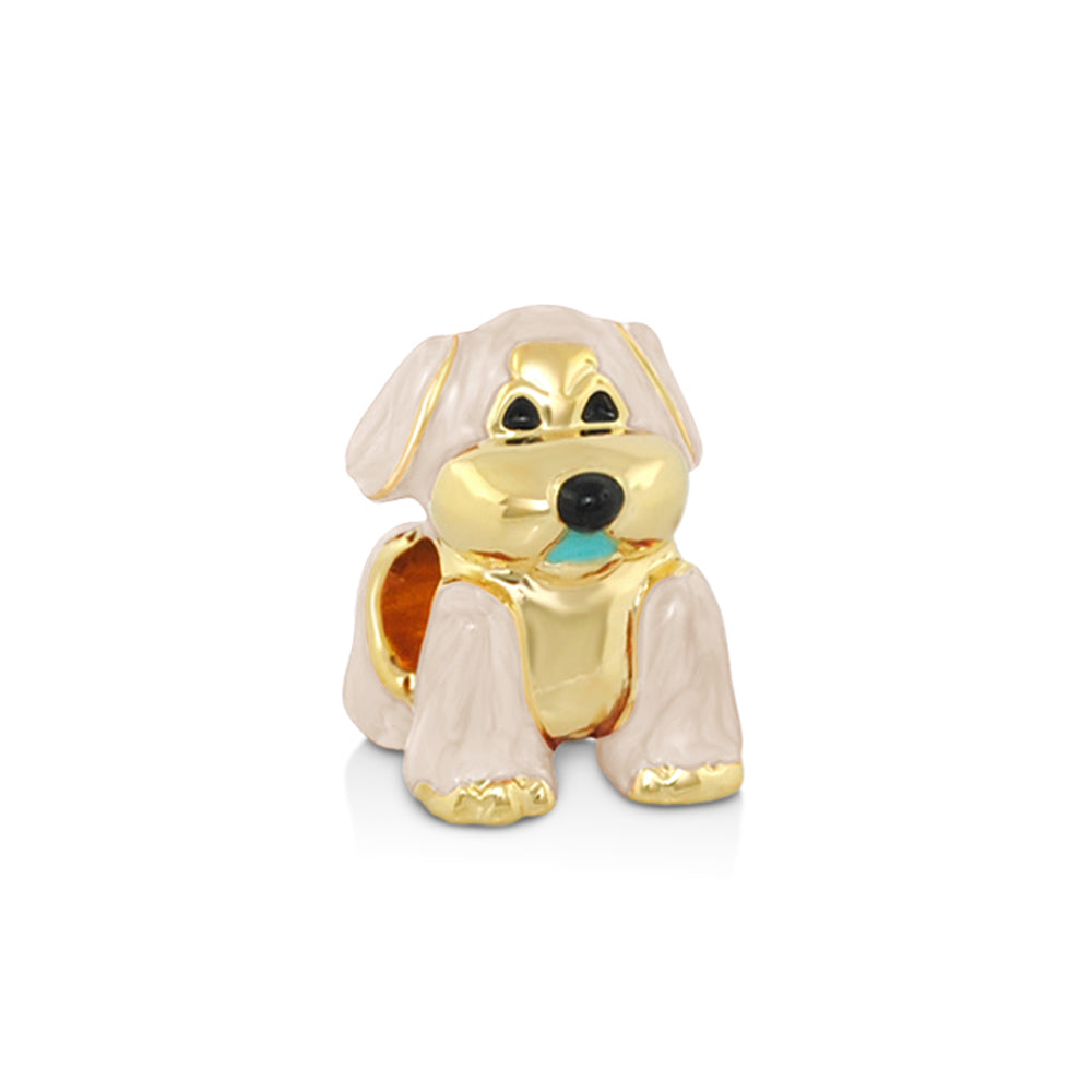 Gabriella Beads Dog charm by Lauren G Adams; gold-tone enamel dog with pale pink ears and paws on Tampa Home & Garden Store