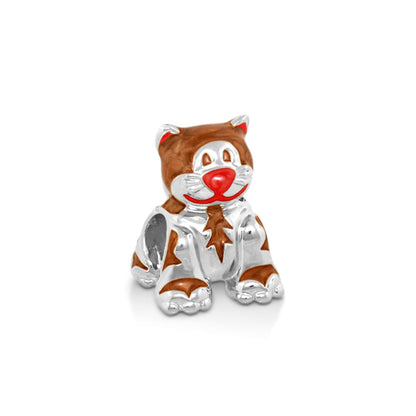 Gabriella Beads Cat bead charm, Lauren G Adams, silver with brown enamel patches and red nose on Tampa Home & Garden Store