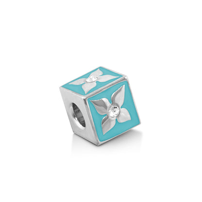 Gabriella Beads Flower Cube Charm turquoise enamel with silver flower motif and crystal center on Tampa Home & Garden Store
