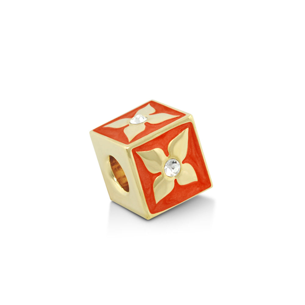 Gabriella Beads Flower Cube bead, gold-tone cube with red enamel petals and crystal center on Tampa Home & Garden Store