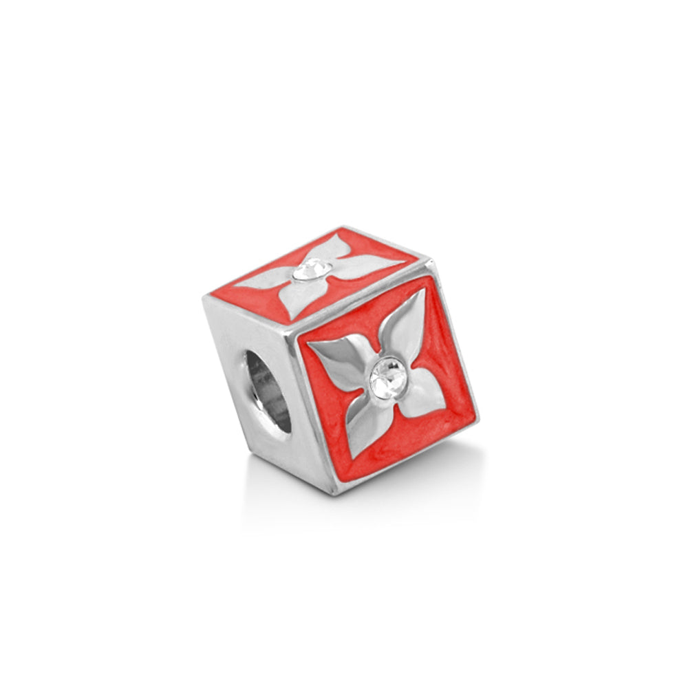 Gabriella Beads Flower Cube charm bead in red enamel with silver flower and crystal center on Tampa Home & Garden Store