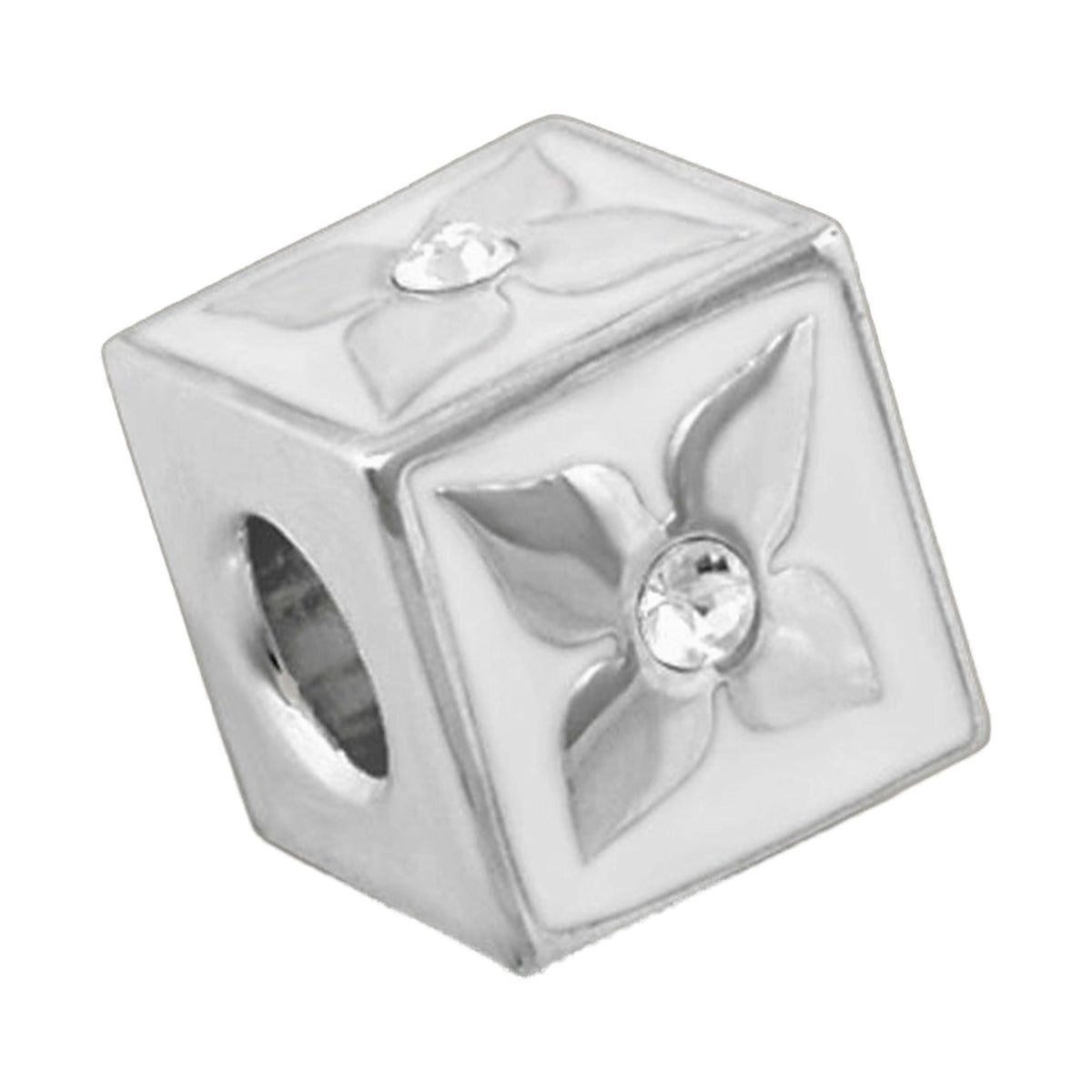 Gabriella Beads Flower Cube charm by Lauren G Adams, silver-tone glass cube with floral inlay on Tampa Home & Garden Store
