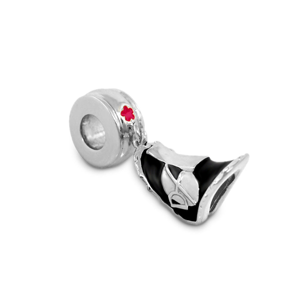 Gabriella Beads Equestrian Saddle charm black enamel with silver trim on bead with red accent on Tampa Home & Garden Store