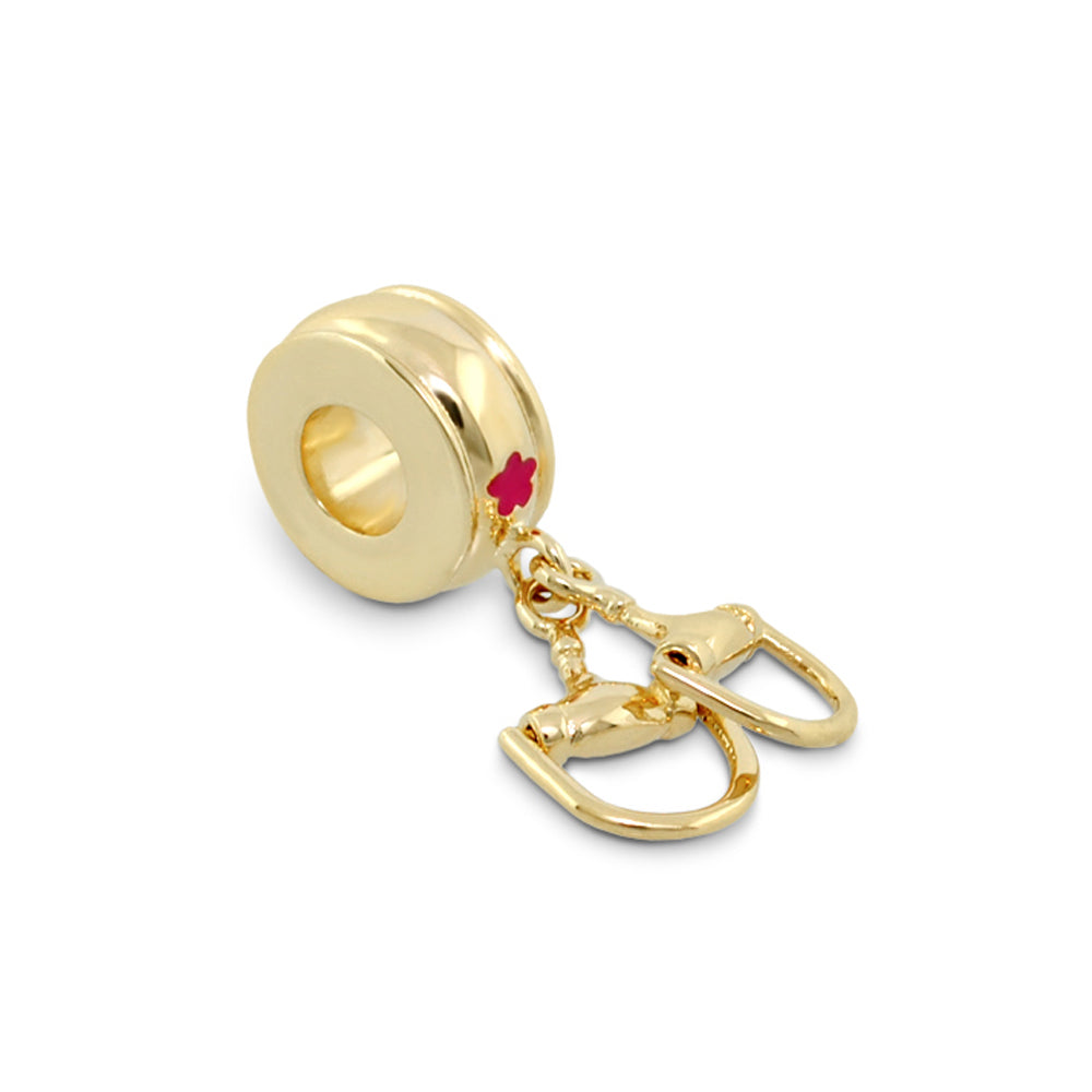 Gabriella Beads Stirrups charm by Lauren G Adams, gold-tone bead with hole and mini stirrups, pink flower accent on Tampa Home & Garden Store