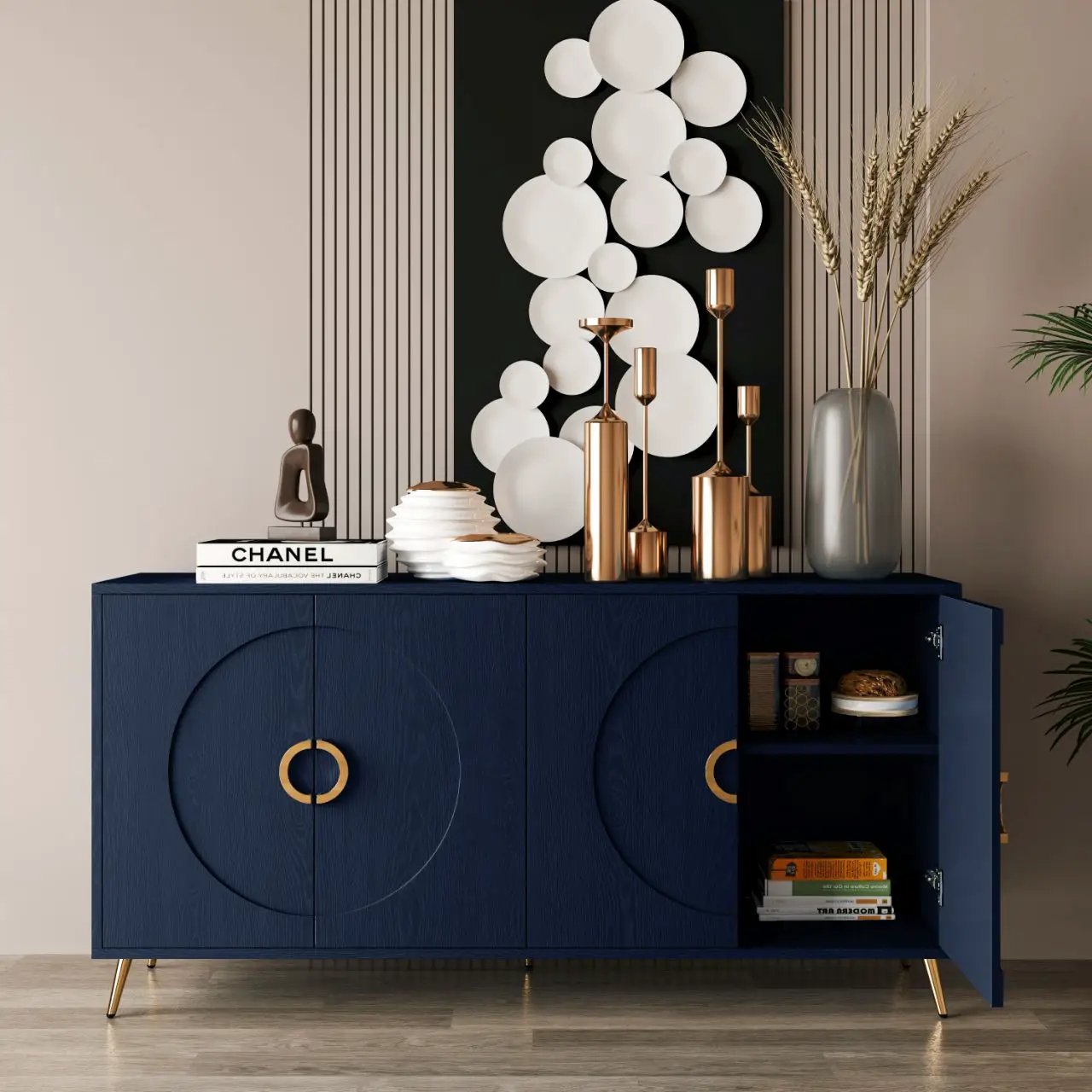 Modern lacquered blue 4-door sideboard with gold ring pulls, open right shelf showing books on Tampa Home & Garden Store