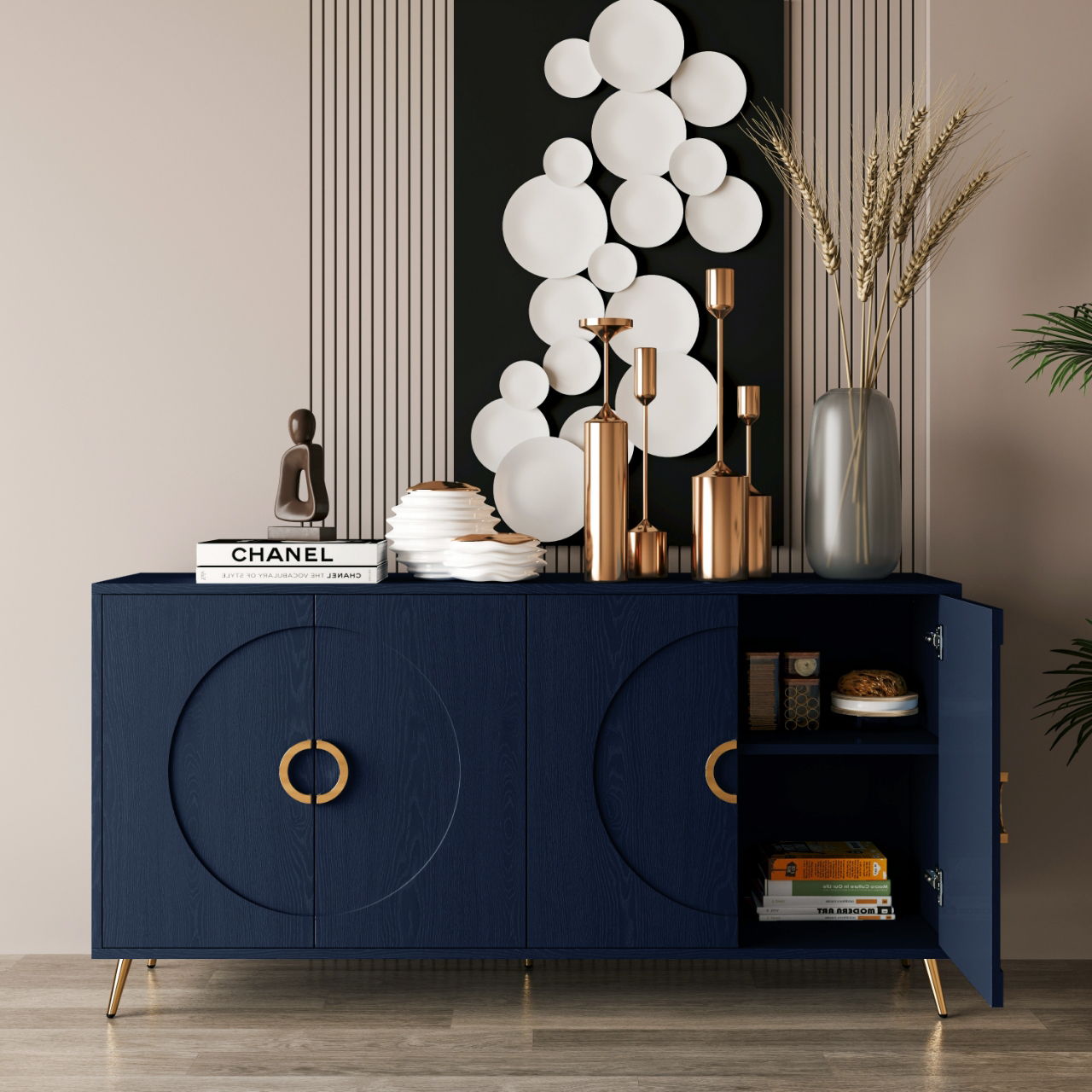 HouseOfZazla navy lacquered 4-door sideboard with gold ring pulls and open shelf on Tampa Home & Garden Store