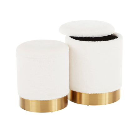 Contemporary nesting ottomans set with white fabric tops and gold metal bases, 2-piece on Tampa Home & Garden Store