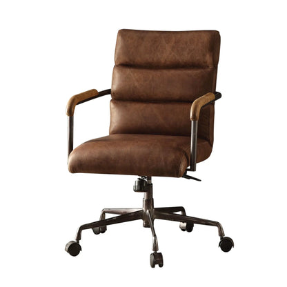 Harith retro top grain office chair brown leather swivel with wood armrests on Tampa Home & Garden Store