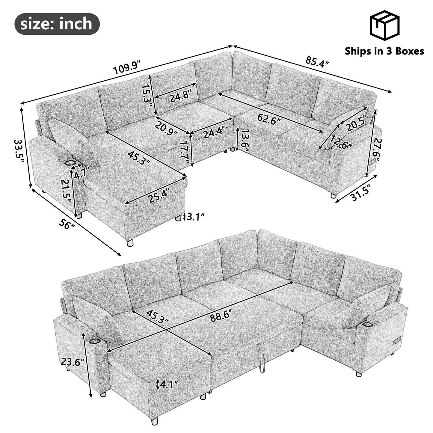 U Shaped Sectional Sleeper Sofa With Ports