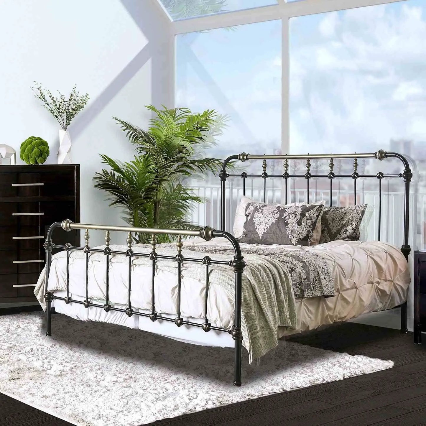 Transitional Style Bed With Accents panel bed in bronze metal by Unique Piece Furniture on Tampa Home & Garden Store