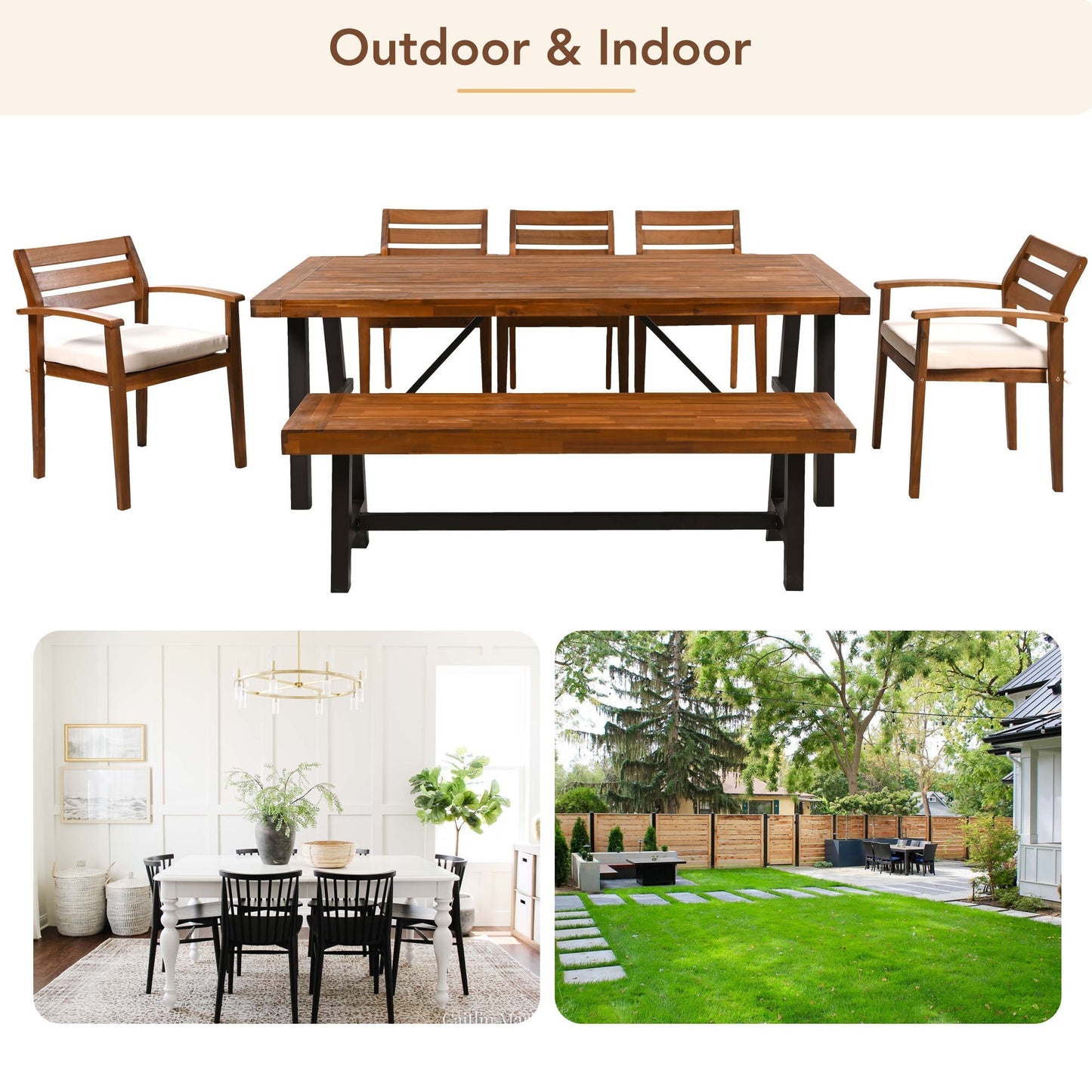 GO Outdoor Wood Dining Set For 7-8 Persons brown slat table with cushioned chairs HouseOfZazla on Tampa Home & Garden Store