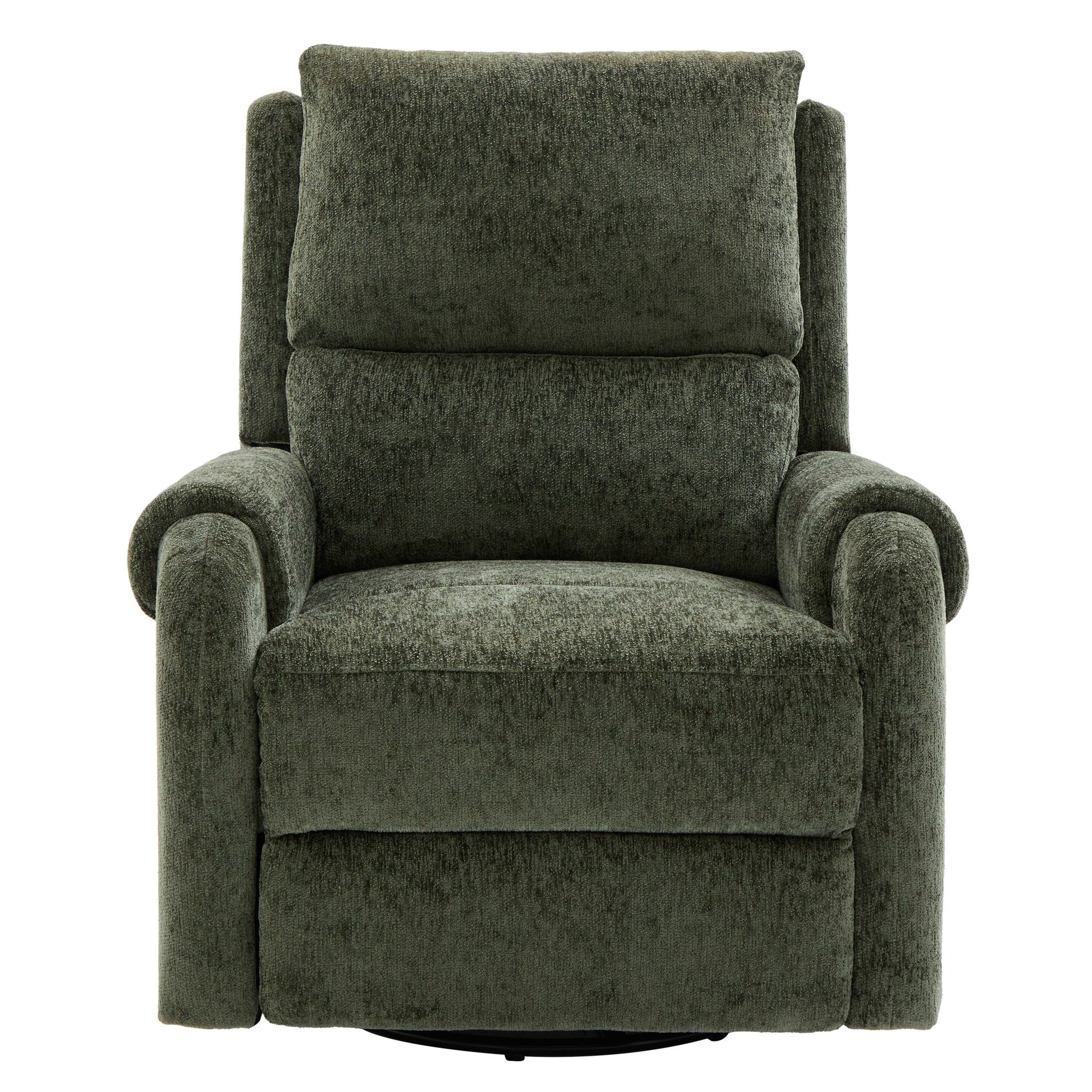 Manual recliner massage chair in dark olive green textured fabric with swivel rocker base on Tampa Home & Garden Store