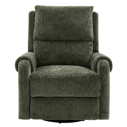 Manual recliner massage chair in dark olive green textured fabric with swivel rocker base on Tampa Home & Garden Store