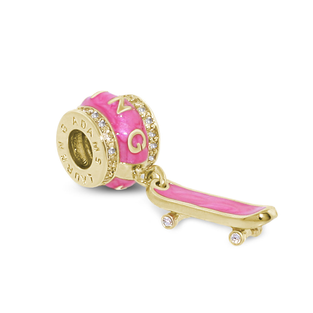 Gabriella Beads skateboard charm by Lauren G Adams, gold-tone bead with pink enamel and crystals on Tampa Home & Garden Store