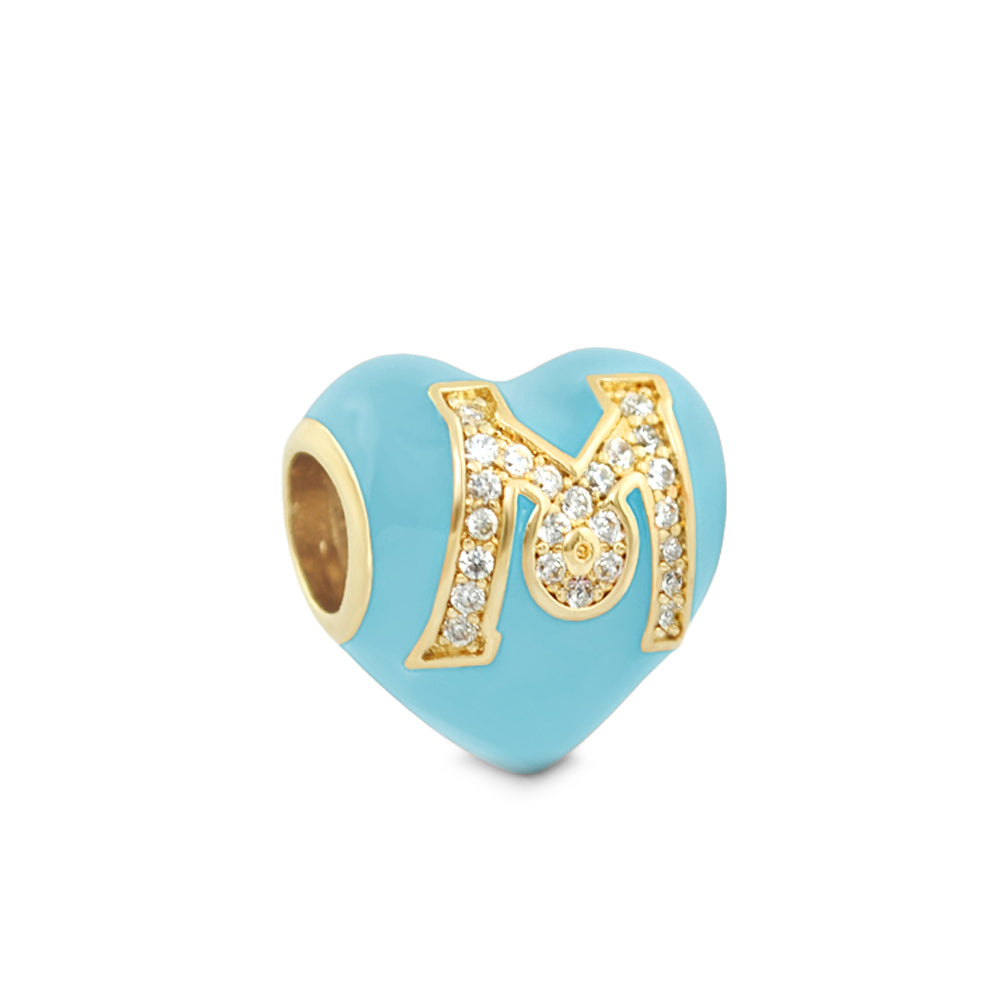 Gabriella Beads Pave M turquoise heart charm with gold M initial encrusted with crystals on Tampa Home & Garden Store