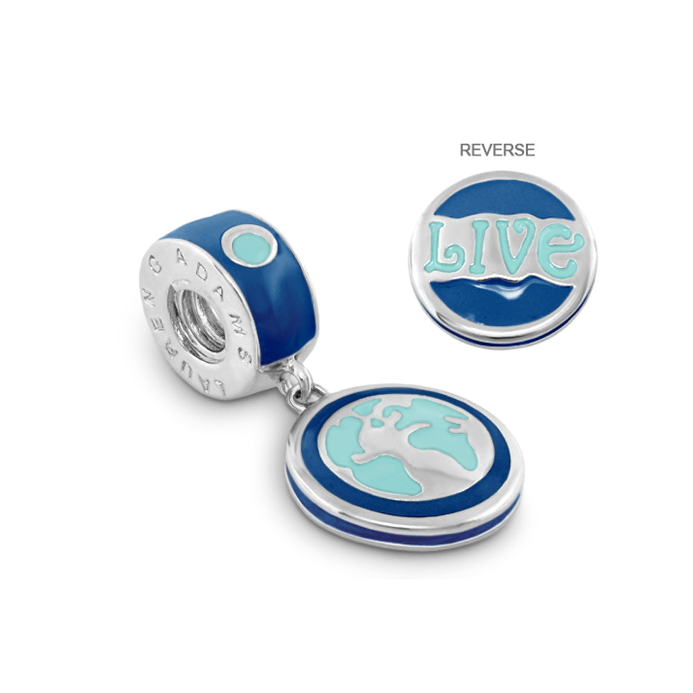 Gabriella Beads Live Charm, blue enamel globe pendant with turquoise; reverse LIVE on blue on Tampa Home & Garden Store
