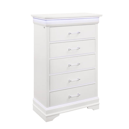 Charlston 5 Piece Bedroom Set with LED Headboard, white dresser with acrylic handles on Tampa Home & Garden Store