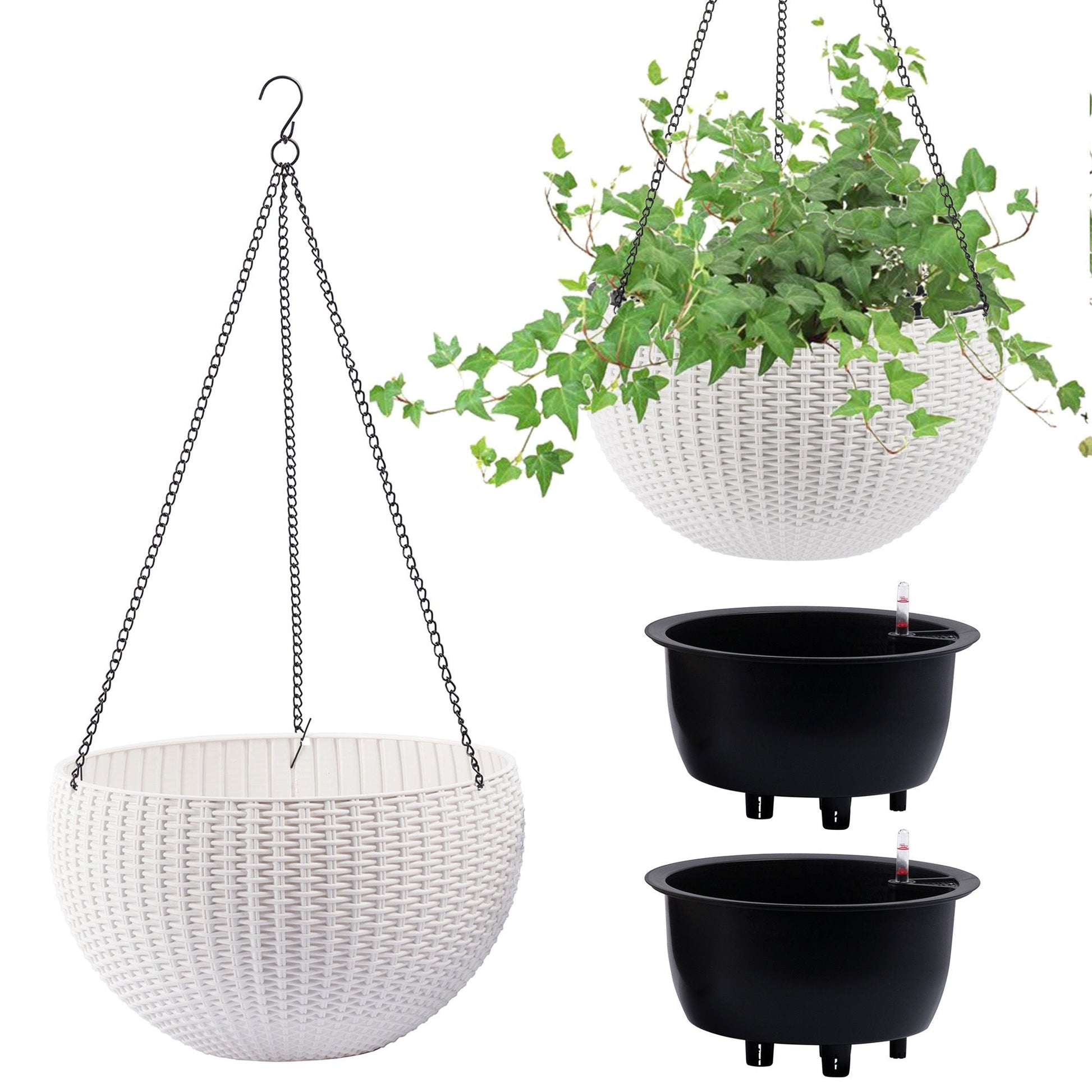 Self Watering Hanging Planter set of 2 white wicker baskets with metal chains HouseOfZazla on Tampa Home & Garden Store