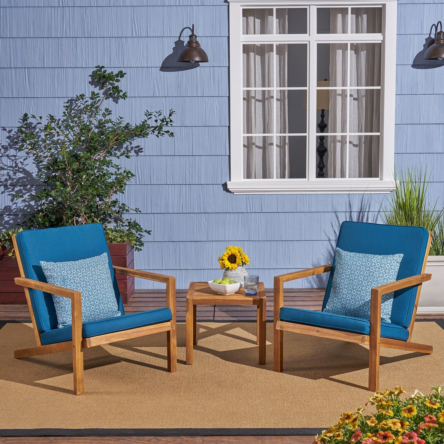 Celestaria 3-Piece Outdoor Chat Set with two Adirondack chairs and blue cushions plus side table on Tampa Home & Garden Store