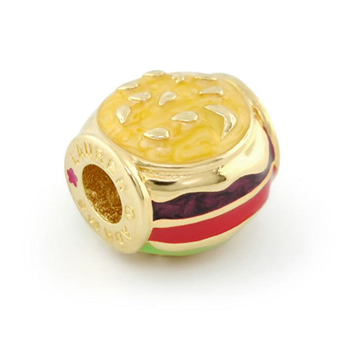 Hamburger charm bead gold tone with sesame seeds and colorful bun layers; Lauren G Adams on Tampa Home & Garden Store