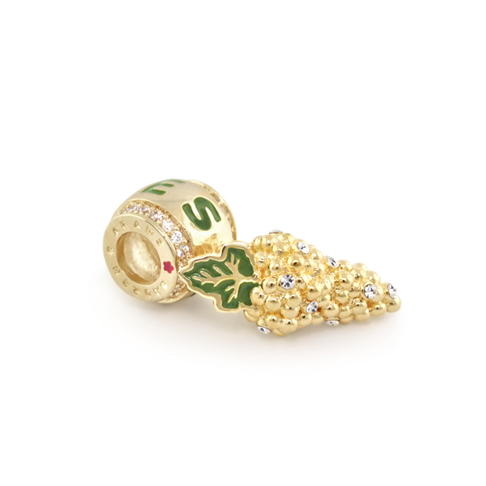 Gabriella Beads Grapes charm, gold-tone bead cluster with green enamel leaf and crystal accents on Tampa Home & Garden Store