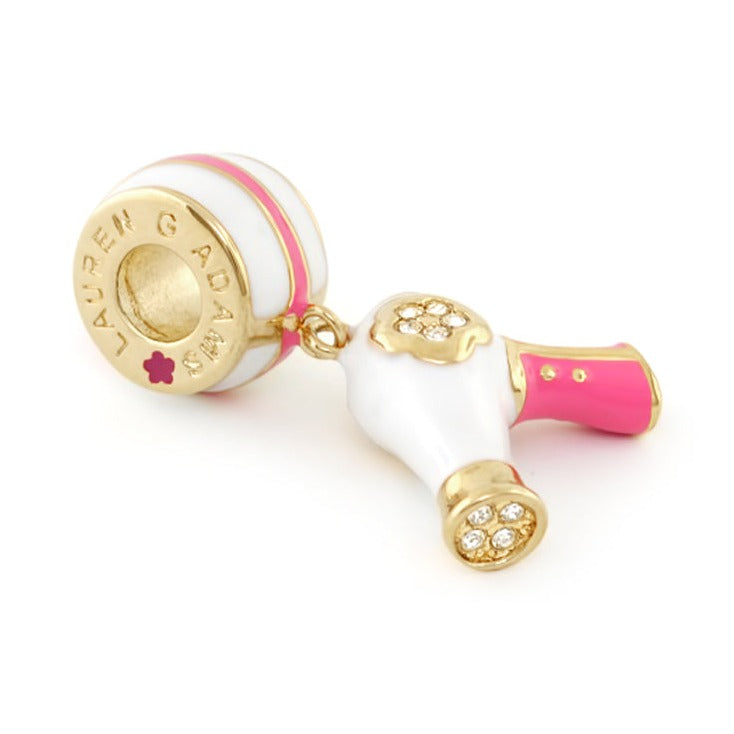 Gabriella Beads Hair Dryer charm by Lauren G Adams, white enamel with pink accent, gold-tone on Tampa Home & Garden Store