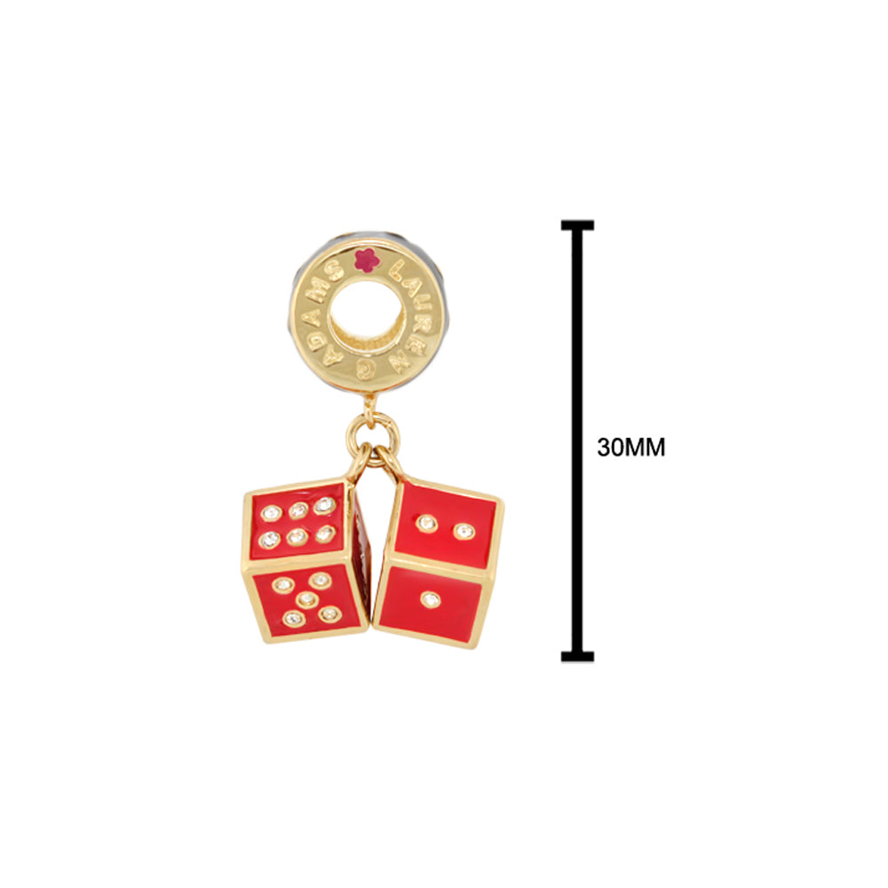 Gabriella Beads dice charm with two red enamel dice featuring crystal pips on gold loop on Tampa Home & Garden Store