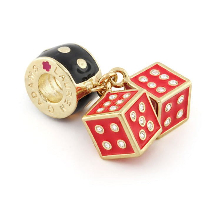 Gabriella Beads Dice charm by Lauren G Adams; two gold-tone dice with crystals and a black bead on Tampa Home & Garden Store