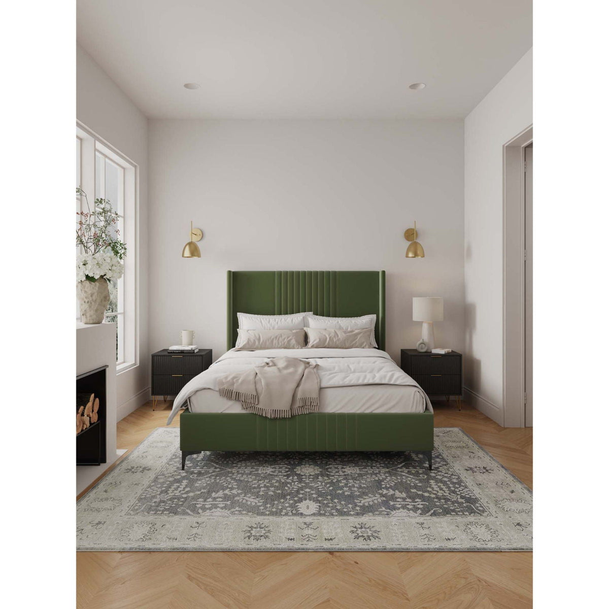 Promenade upholstered bed with green headboard and slats in a stylish bedroom on Tampa Home & Garden Store