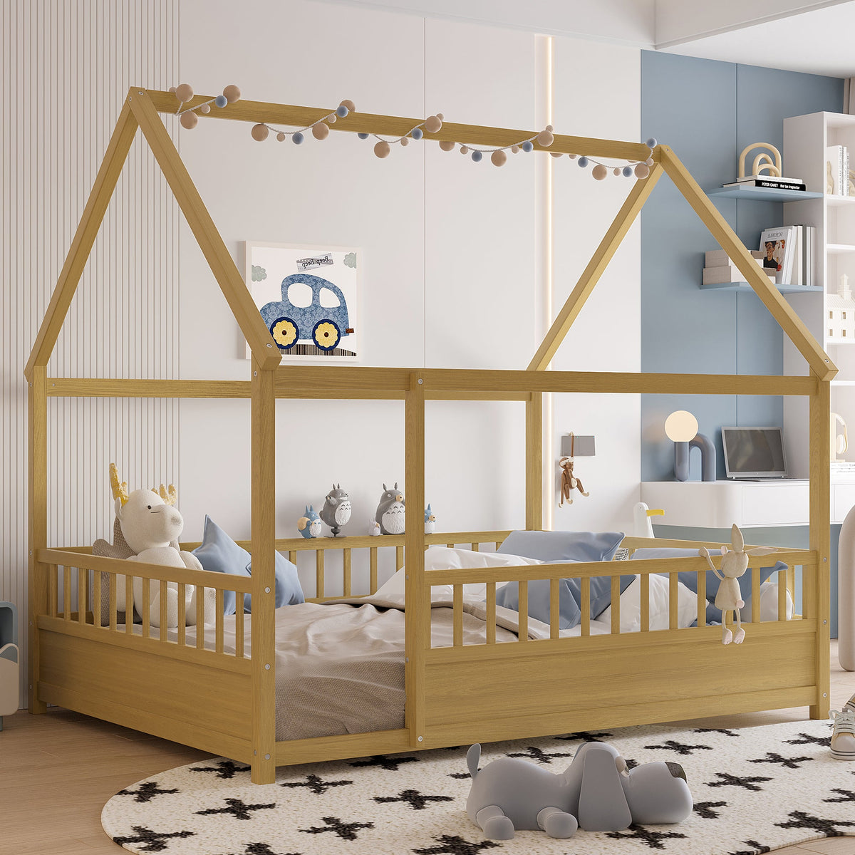 Full Size Wooden Bed with House Roof Frame in natural pine wood for a kids room on Tampa Home & Garden Store