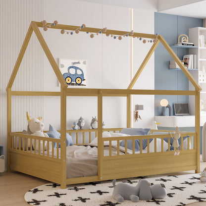 Full Size Wooden Bed with House Roof Frame in natural pine wood for a kids room on Tampa Home & Garden Store