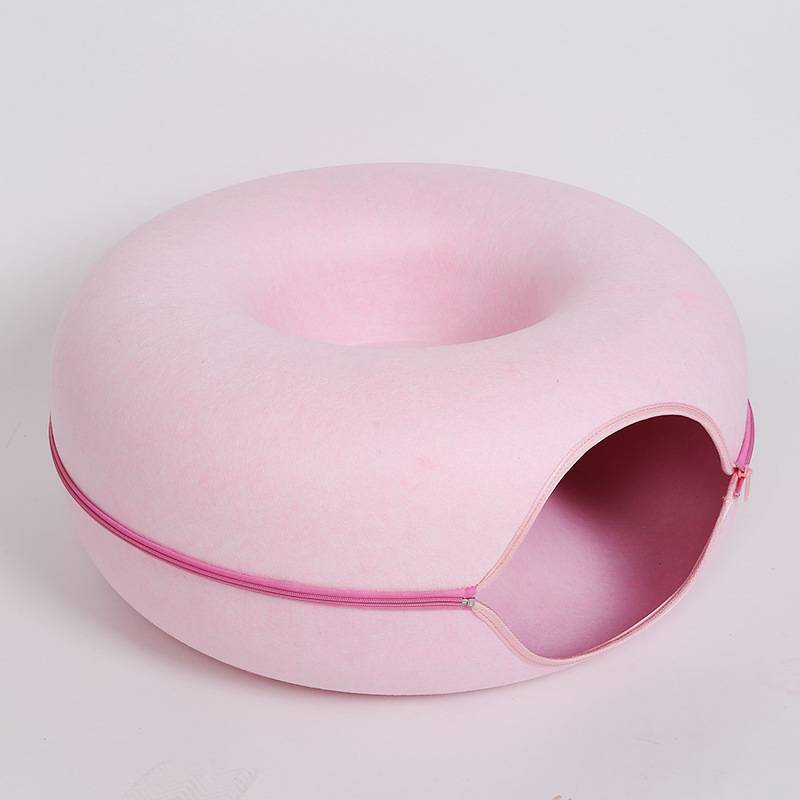 Pink donut cat tunnel bed with circular entrance and pink zipper, soft wool felt pet cave on Tampa Home & Garden Store