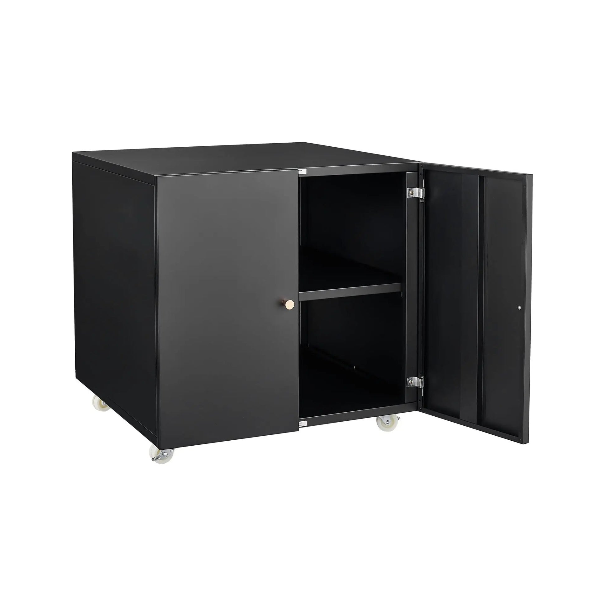 Copier cabinet black steel 2-door with caster wheels, Unique Piece Furniture printer stand on Tampa Home & Garden Store
