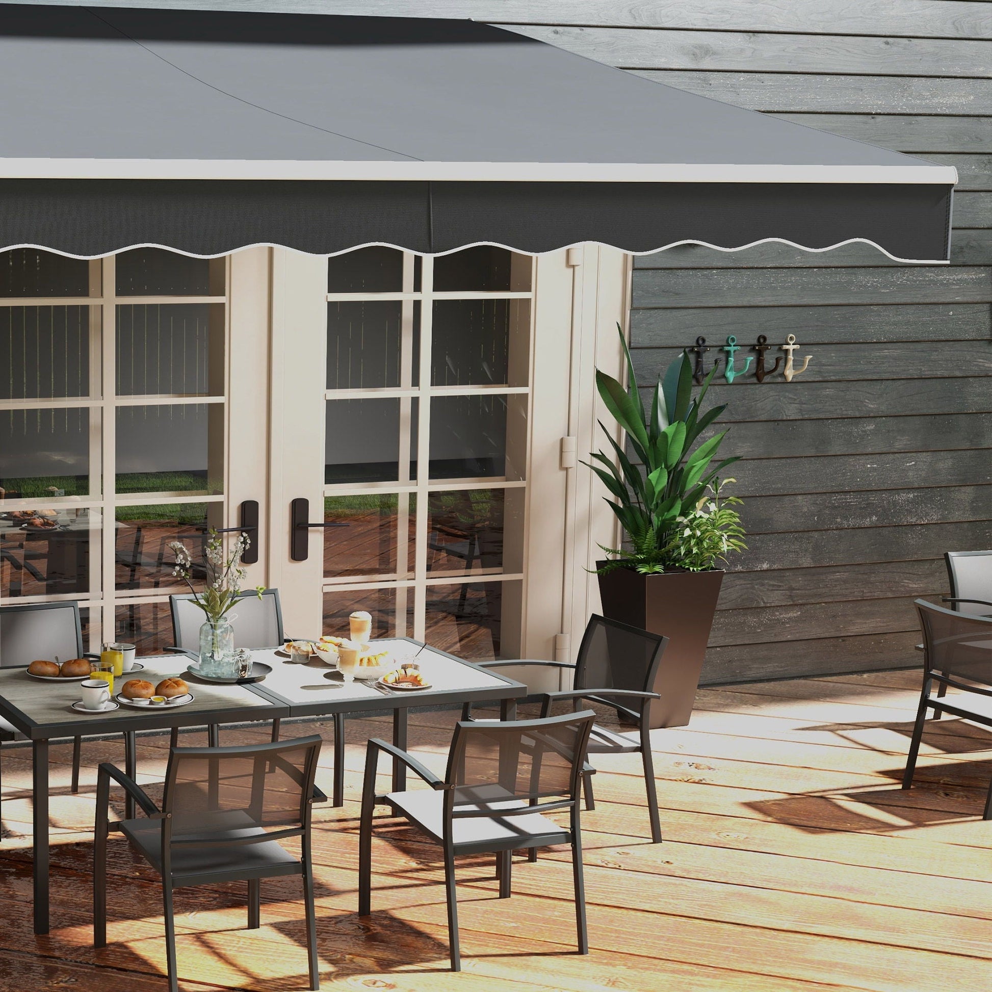 Outsunny 3-planter set, tapered faux-wood brown plastic pots with drainage holes on a patio on Tampa Home & Garden Store