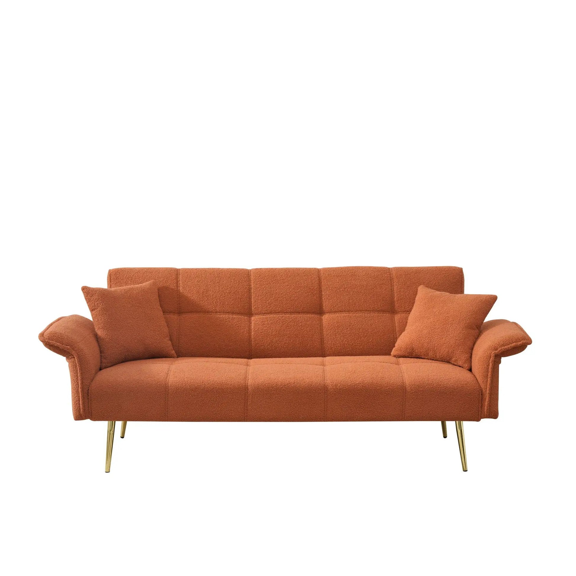 Convertible double futon sofa bed in burnt orange textured fabric with gold legs on Tampa Home & Garden Store