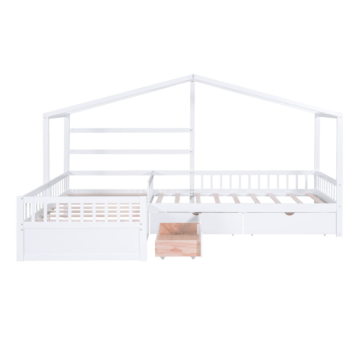 White L-shaped platform bed with three under-bed storage drawers and canopy frame on Tampa Home & Garden Store