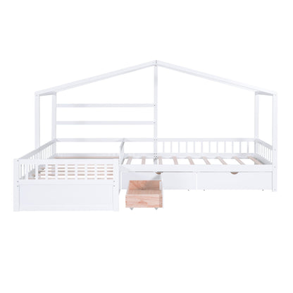 White L-shaped platform bed with three under-bed storage drawers and canopy frame on Tampa Home & Garden Store