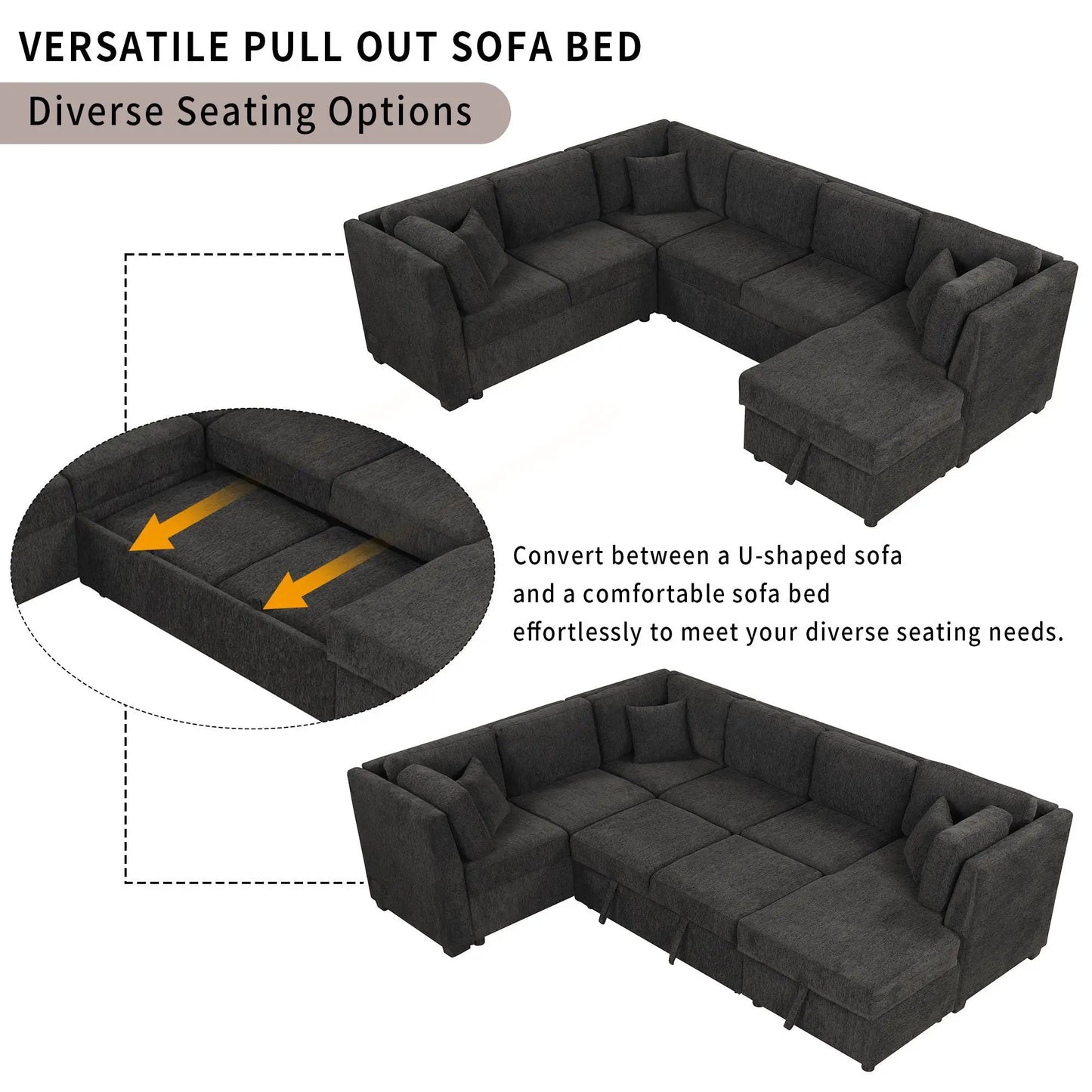 U-shaped sleeper sofa with pull-out bed, storage chaise, 3 back pillows, gray fabric, USB ports on Tampa Home & Garden Store