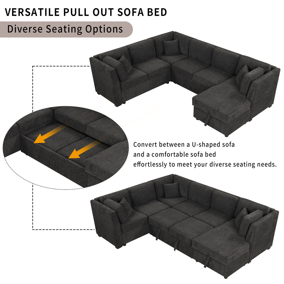 U-shaped sleeper sectional sofa HouseOfZazla dark gray fabric with storage chaise on Tampa Home & Garden Store