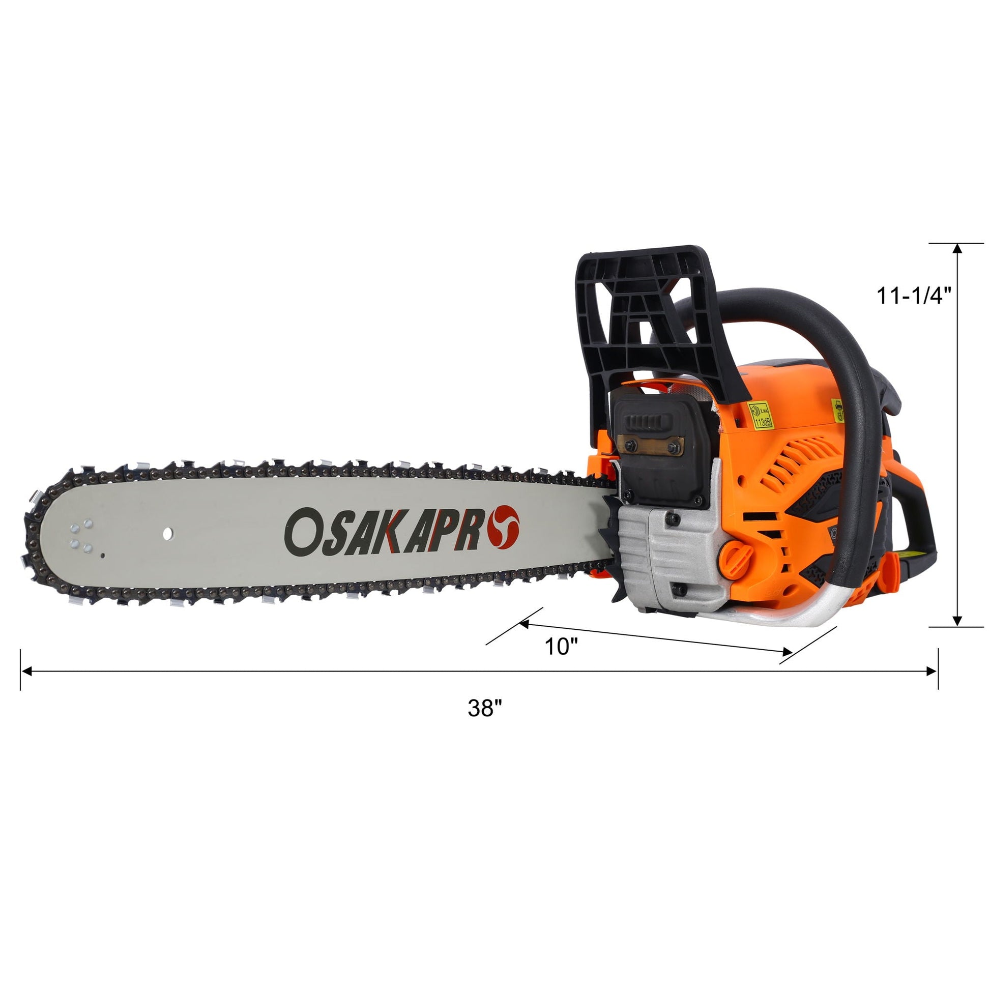62cc gas-powered chainsaw with 22in bar, orange body and black guard, OSAKAPRO branding on bar on Tampa Home & Garden Store